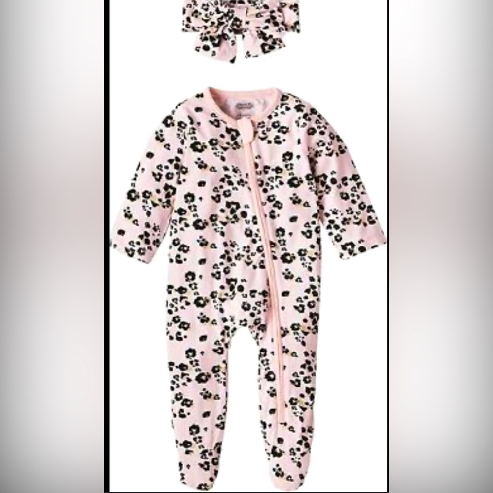 New Mud Pie Baby Girl Sleeper & Headband 3-6 mos. LEOPARD Pink Footed gift